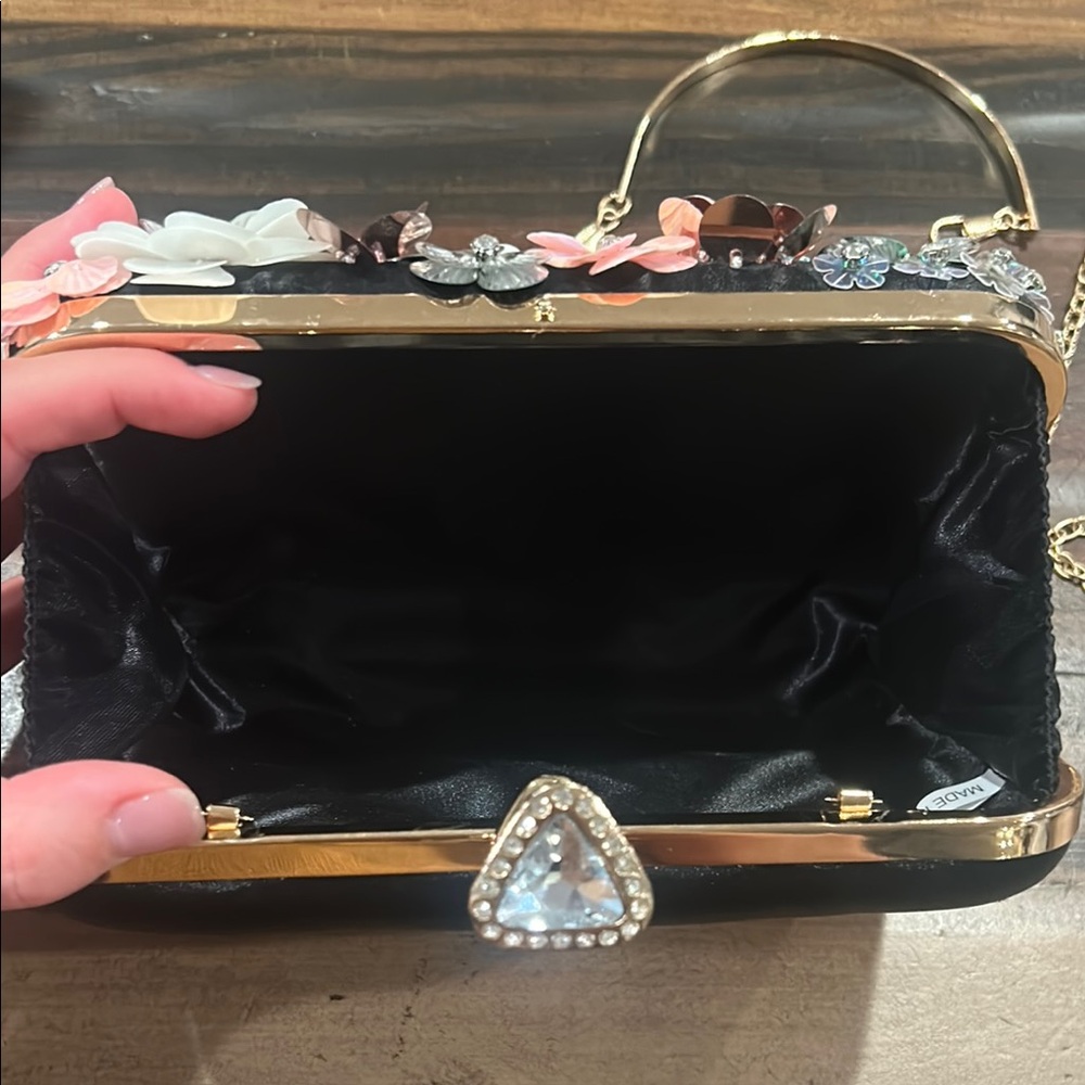 Embellished Floral Evening Clutch - Black with Pink & White Flowers - Picture 5 of 5